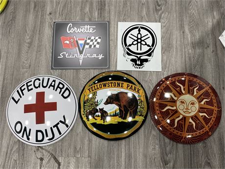 5 MISC METAL SIGNS (Largest are 15.5”)