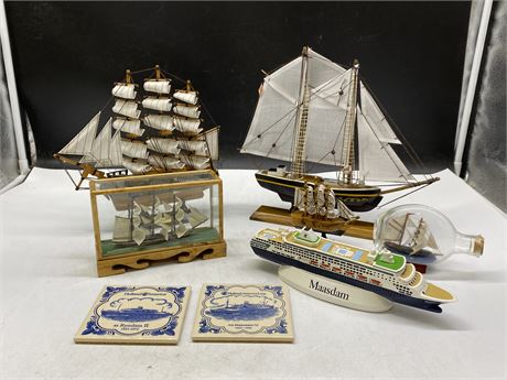 SET OF 8 SHIPS/SHIP RELATED ITEMS - LARGEST IS 11” WIDE