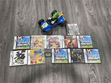 MARIO KART 7 LUIGI TOY W/ LOT OF EMPTY DS GAME CASES & REPRODUCTION COPIES OF
