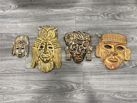 4 METAL/STONE AFRICAN MASKS - LARGEST 17” LONG