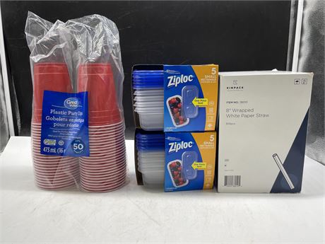LOT OF 4 MISC KITCHEN SUPPLIES INCL, NEW ZIPLOC CONTAINERS & LIDS, CUPS & STRAWS