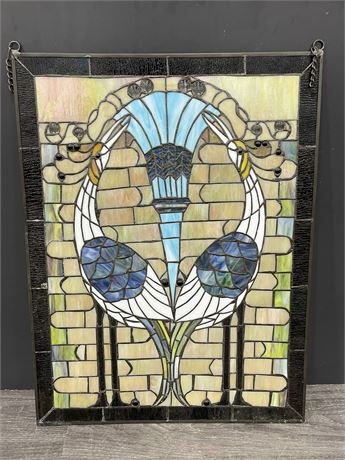 BEAUTIFUL VINTAGE PEACOCK STAINED GLASS (18”X24”)