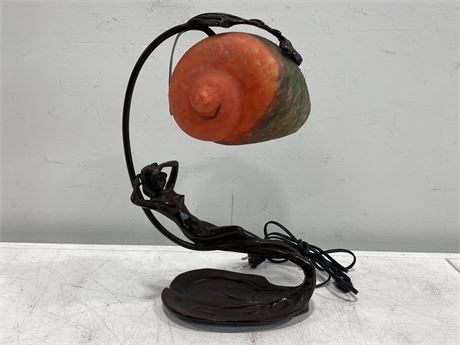 ART NOVEAU STYLE BRONZE LAMP W/NYMPH ON LILY PAD W/NAUTILUS SHELL SHADE (15”)