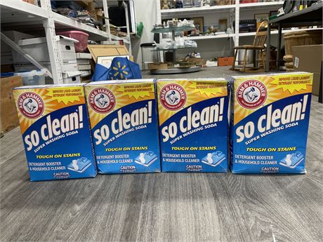 4 BOXES OF ARM & HAMMER SO CLEAN DETERGENT