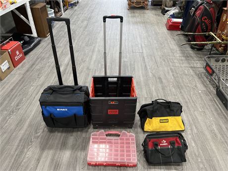3 EMPTY TOOL BAGS, PARTS ORGANIZER & FOLDABLE CRATE PULL CART