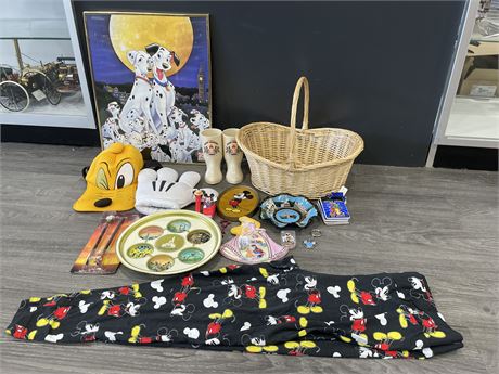 BASKET OF DISNEY COLLECTIBLES & 101 DALMATIANS FRAMED POSTER - INCL PLUTO HAT &