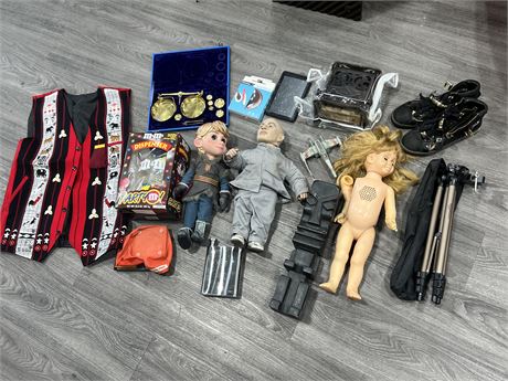LOT OF MISC ITEMS - COLLECTABLES, VINTAGE ITEMS, SHOES, ETC