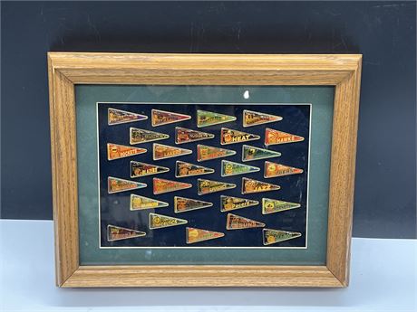 VINTAGE BASKETBALL PIN COLLECTION IN FRAME - 14”x11”