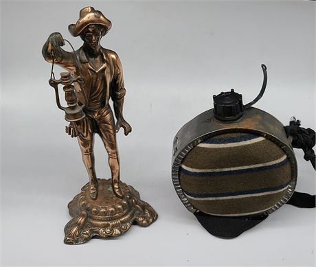 9" VINTAGE CANTEEN AND 13" COPPER NITE KEEPER STATUE