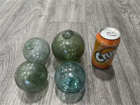 4 VINTAGE GLASS FISH FLOATS - SOME JAPANESE - LARGEST IS 4” DIAM