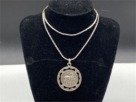 LARGE 925 STG STERLING SILVER 24” CHAINW/ARIES ZODIAC PENDANT