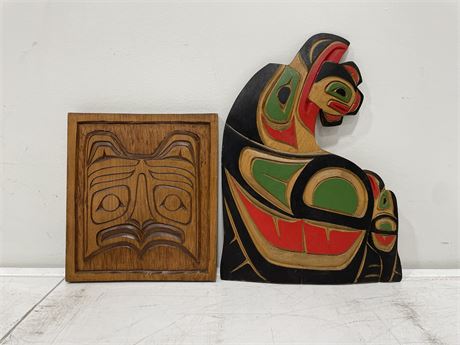 2 SIGNED HAND CARVED FIRST NATIONS WOODEN ARTWORK