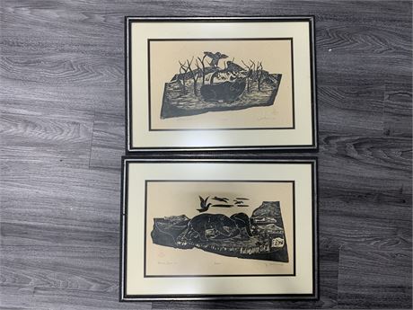 PAIR OF INUIT BLOCK PRINTS BY AVAKANA 23x17” (signed + numbered 1965 & 1967)