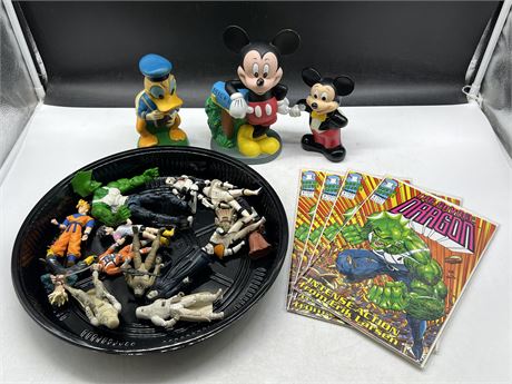 COLLECTABLE FIGURES, DISNEY COIN BANKS & 4 THE SAVAGE DRAGON #1s