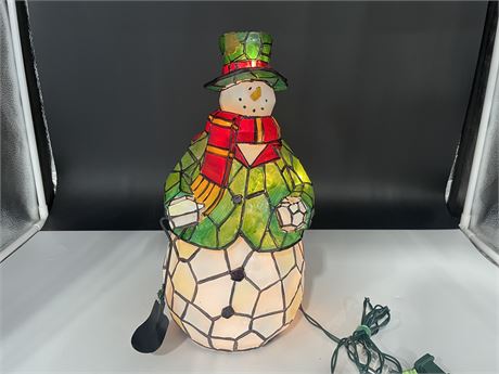 13” TALL STAINED GLASS SNOWMAN - MINOR DAMAGE ON TOP HAT