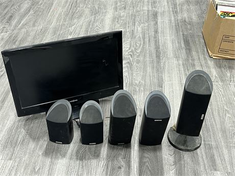 5 SURROUND SOUND SPEAKERS & MONITOR - MONITOR HAS SCRATCH ON SCREEN