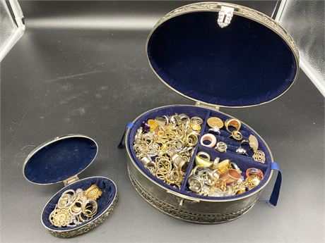 2 SILVER PLATED JEWELRY CASES W/ MISC. RINGS & WATCHES