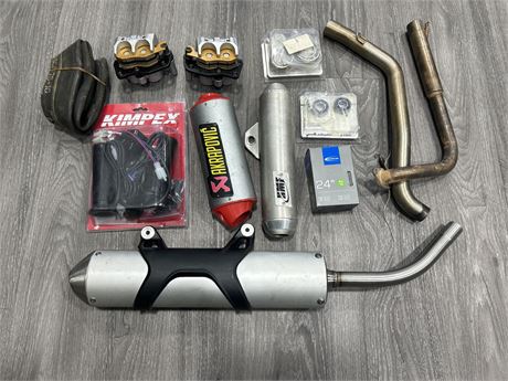 LOT OF MISC. MOTORCYCLE/ATV PARTS - INCLUDES KTM EXHAUST, HEATED GRIPS + OTHERS