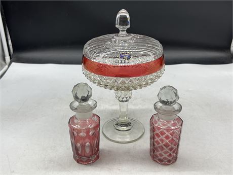 BOHEMIA CRYSTAL ELEVATED CANDY DISH (10.5” tall) & 2 PINK GLASS SMALL DECANTERS