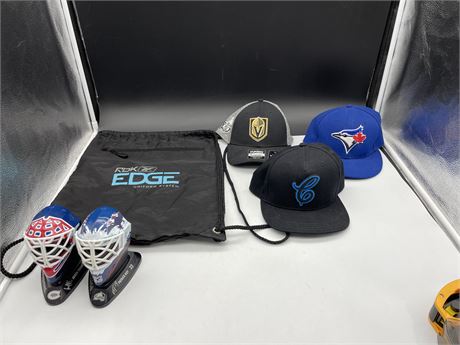 3 HATS IN LIKE NEW CONDITION - 2 GOALIE MASK FIGURES - REEBOK TOTE BAG