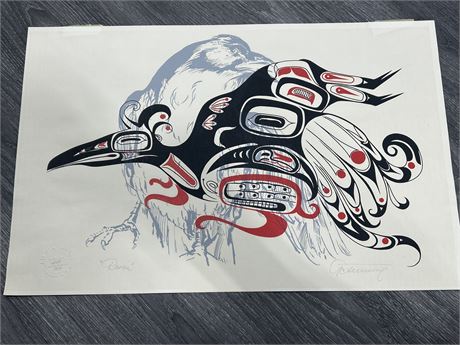 ORIGINAL SIGNED/NUMBERED/STAMPED INDIGENOUS RAVEN PRINT - ARTIST IN PHOTOS