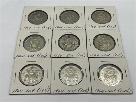 (9) 1964 CDN SILVER 50 CENT COINS