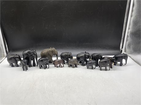 14 VINTAGE EBONY + IVORY ELEPHANTS