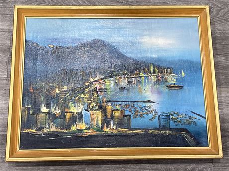 VINTAGE FRAMED OIL PAINTING ON CANVAS ASIAN CITY SCAPE