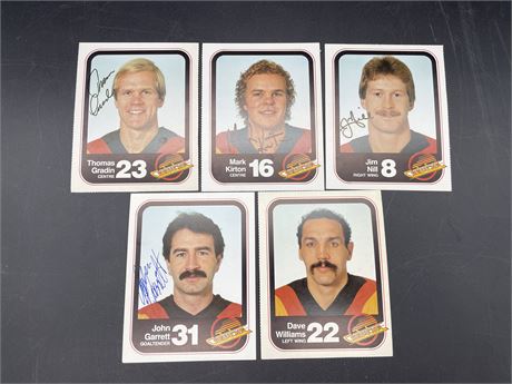 (5) VINTAGE CANUCKS (SOME SIGNED) RECORD CARDS