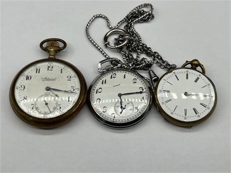 3 VINTAGE POCKET WATCHES - 1 MISSING GLASS