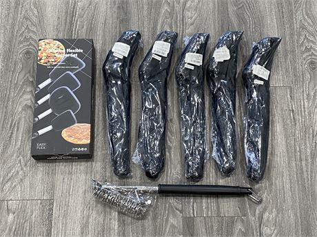 6 NEW BBQ GRILL BRUSH & SCRAPERS + SILICONE FLEXIBLE TURNER SET