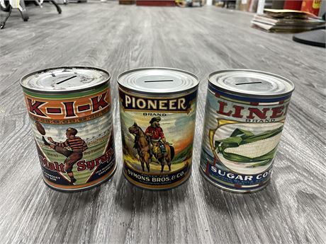 LOT OF 3 VINTAGE CAN MONEY TINS 4” TALL