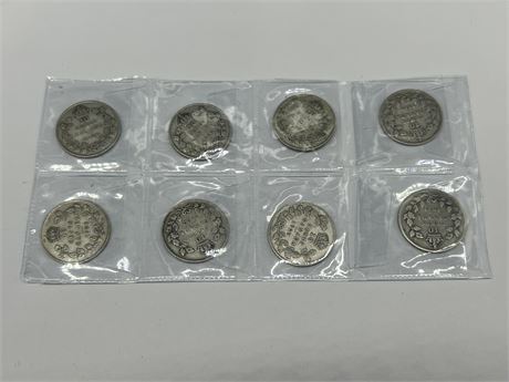 8 ANTIQUE SILVER CDN DIMES DATING BACK TO 1919