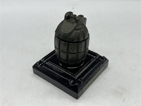 WW1 MEMENTO HAND GRENADE CASTING ON POTTERY BASE USED AS INKWELL
