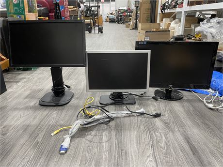 3 COMPUTER MONITORS WITH CABLES LARGEST 23”