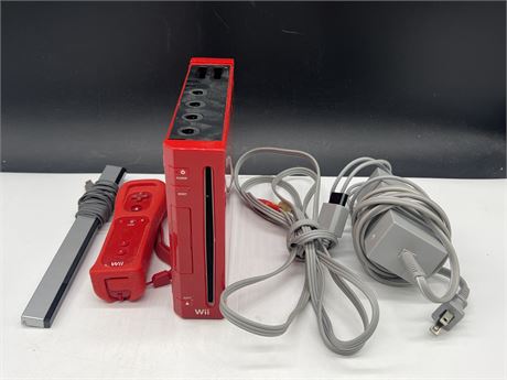 RED NINTENDO WII W/ CONTROLLER, MOTION BAR & CORDS