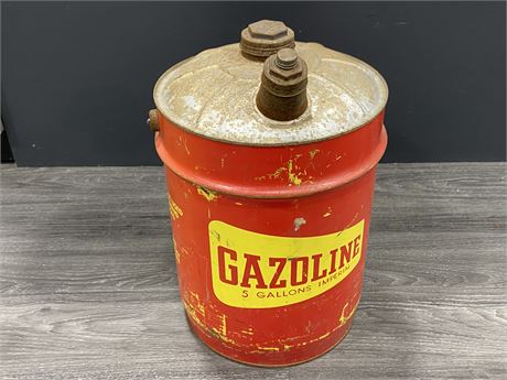 VINTAGE GAZOLINE BRAND GAS CANISTER 5 GAL - 16” tall