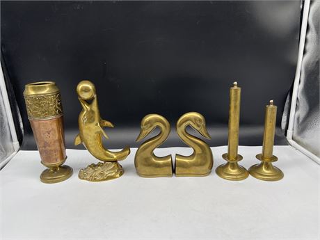 BRASS - 2 BOOKENDS, 2 CANDLES, VASE & DOLPHIN