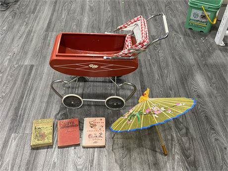 GENDRON VINTAGE CARRIAGE, ANTIQUE CHILDRENS BOOKS & PARASALL
