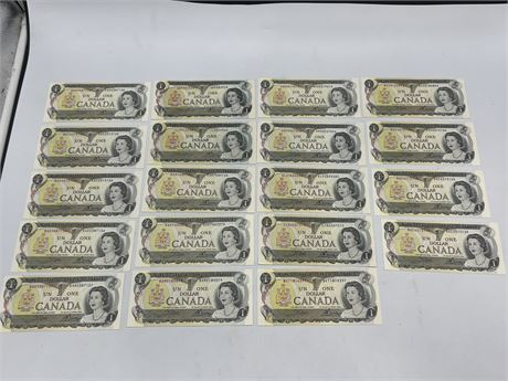 (19) 1973 $1 CDN UNCIRCULATED BILLS - INCLUDES SOME SEQUENCES