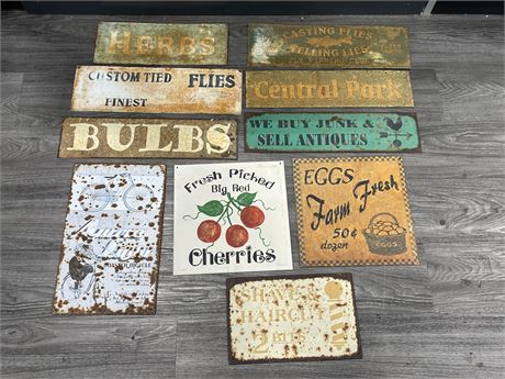 VINTAGE STYLE METAL SIGNS - VERY RUSTIC (AVERAGE SIZE 20”x5”)