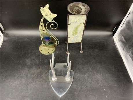 3 METAL DECOD PIECES (candle holder, coat hanger, figurine)