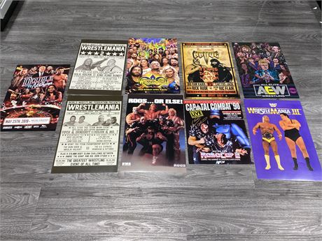 9 WRESTLING POSTERS - 1 IS SIGNED (17”x11”)