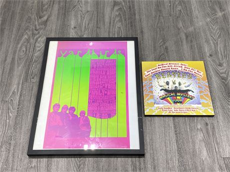 VINTAGE 1999 YARDBIRDS FRAMED POSTER & THE BEATLES MYSTERY TOUR WOOD PLAQUE