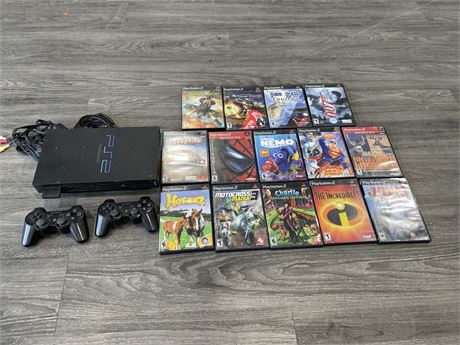 PS2 SYSTEM (UNTESTED) (AS IS) WITH 2 PS3 CONTROLLERS & 14 GAMES