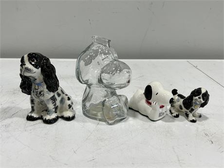 VINTAGE SNOOPY GLASS PIGGY BANK / SNOOPY / 2 JAPAN CAVALIER DOGS (Tallest is 6”)