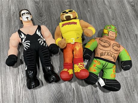 3 WRESTLING STUFFED FIGURES (1 has sound effects, 17” tall)