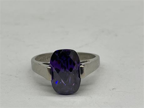 925 STERLING SILVER OVAL AMETHYST FACETED RING - SIGNED FAS - SZ.  7