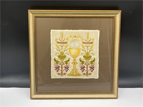 ANTIQUE CATHOLIC HAND EMBROIDERED HOLY GRAIL RANK BADGE - 14”x14”