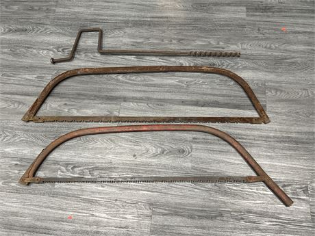 (2) 4FT ANTIQUE BOW SAWS + HAND AUGER